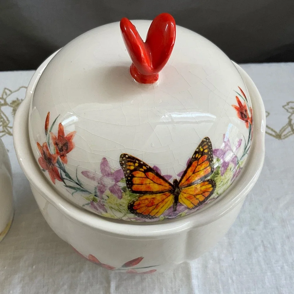 Ceramic Butterfly Floral Canister Set 2pc Cream Monarch Finial Jars Cottagecore